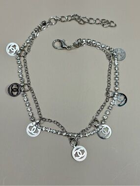 Silver Charm Multi-Chain Anklet with Crystal Accents